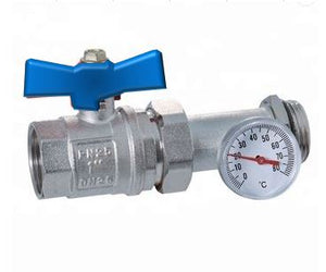 1" BSP Union Ball valve with temperature gauge (Blue)