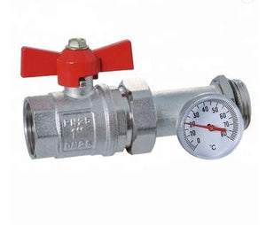 1" BSP Union Ball valve with temperature gauge (Red lever)