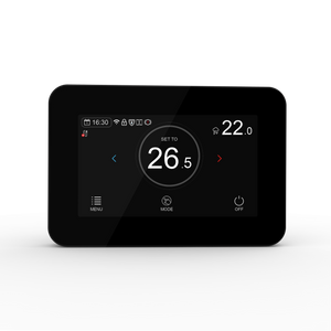 Black WIFI programmable thermostat. Volt or volt free switching outputs