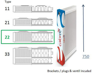 750 1300 22 Double Panel Double convector (6 port) 2725 W @ 75/65