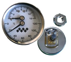 Rear entry temperature and pressure gauge 10 bar 120Deg includes 12" x 1/4" bush
